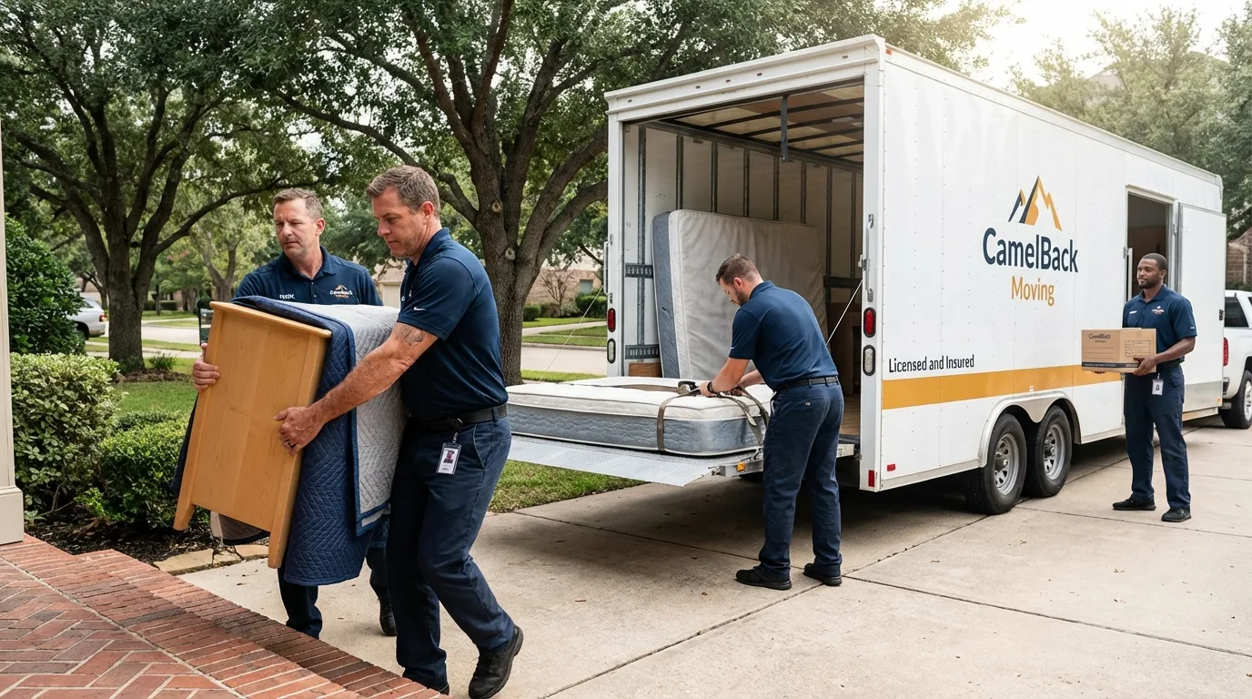 Crew loading residential truck for cross-state move from Claremore, OK