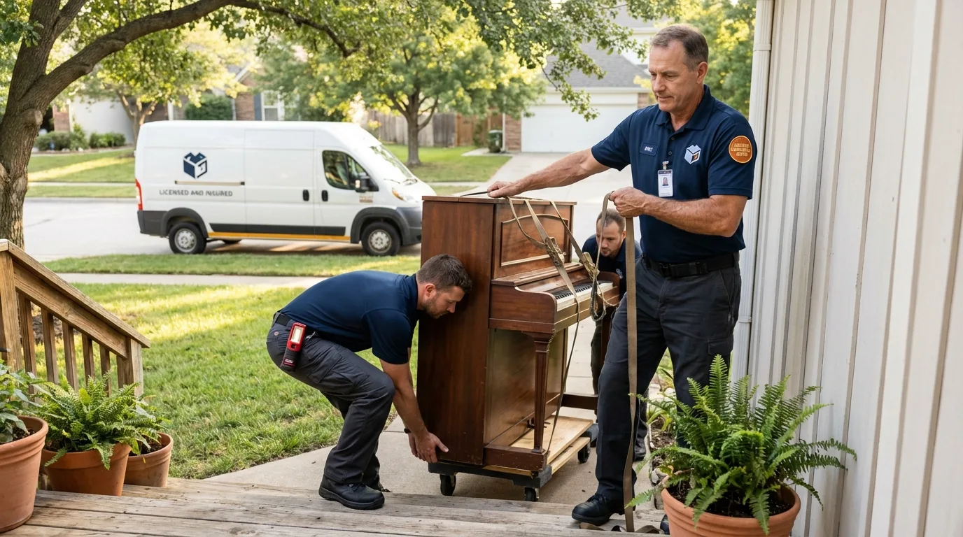 Licensed piano movers securing grand piano in Claremore, OK