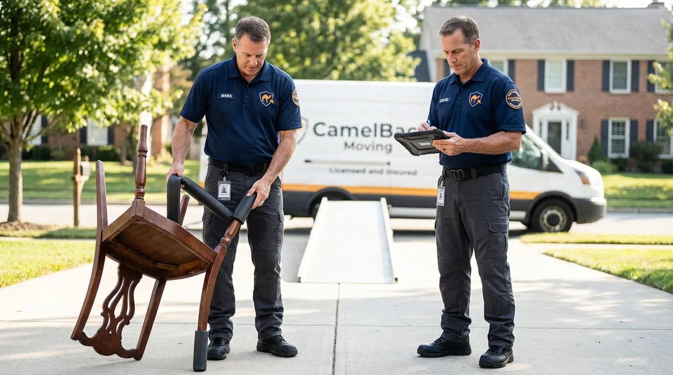 Movers inspecting furniture for damage prevention before loading in Claremore, OK